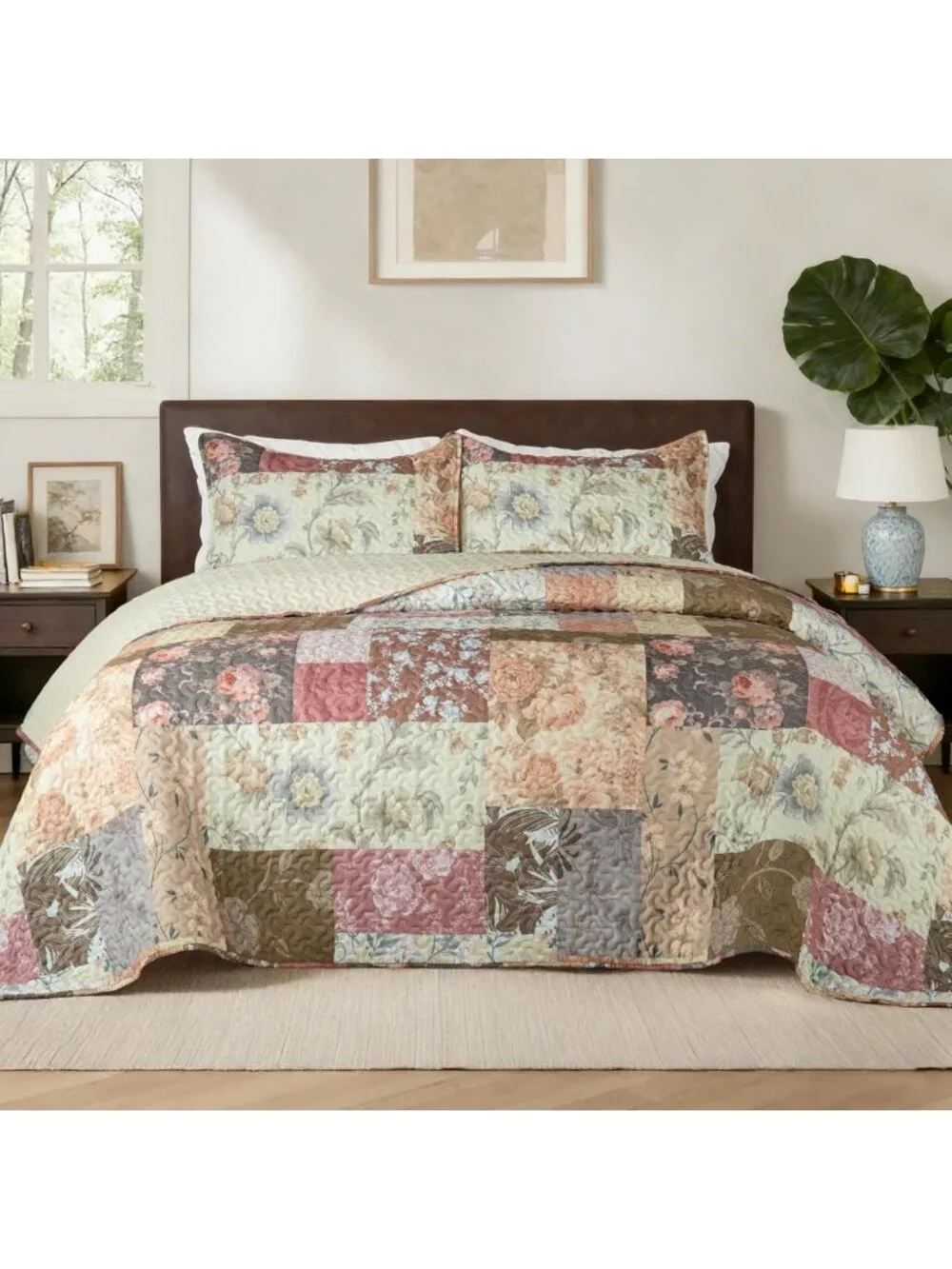Boho Floral King Quilt Set - Reversible Lightweight Bedspread with 2 Pillow